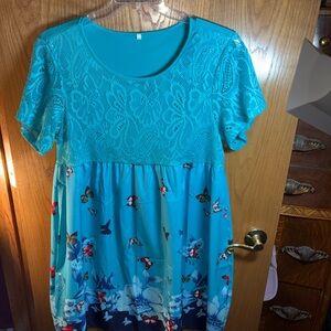 Elegant Teal Lace Midi Dress with Floral and Butterfly details